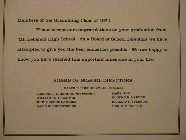 Memo to the Graduating Class of 1974 from the Board of School Directors