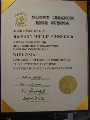     Mount Lebanon High School Diploma

   June 11, 1974